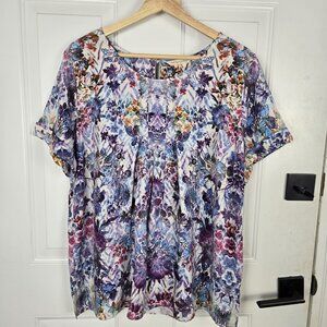 Soft Surroundings Coloures Pleated Blouse Womens Large Purple Floral Top Peasant